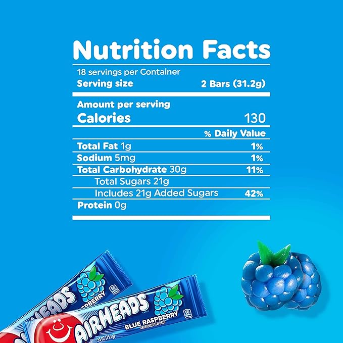 Airheads Full-Size Candy Bars, Taffy Candy Bulk Pack, Individually Wrapped, Blue Raspberry Fruit Flavor Artificially Flavored, 36 Count Box