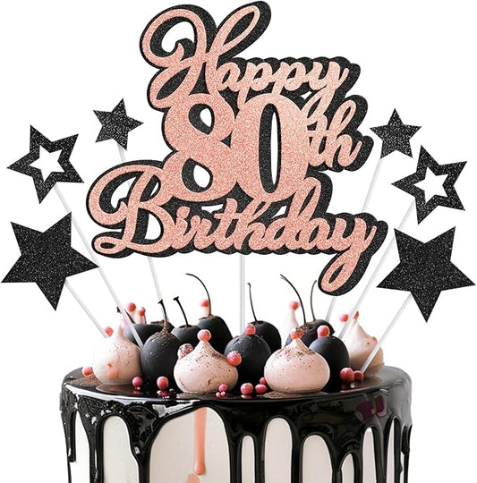 Happy 80th Birthday Cake Topper 80 Birthday Cake Decorations, Happy 80th Birthday Anniversary Party Cake Decorations for Men Women, Black Rose Gold Glitter