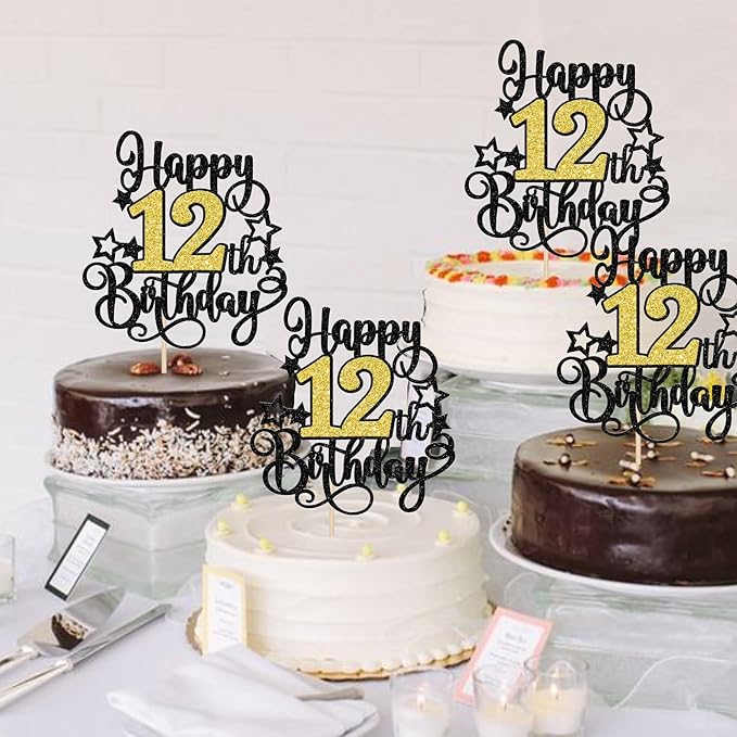 1 PCS Happy 12th Birthday Cake Topper Black Gold Glitter Cheers to 12 Years Birthday Cake Pick Hello 12 Fabulous Cake Decoration for Happy 12th Birthday Anniversary Party Decorations Supplies