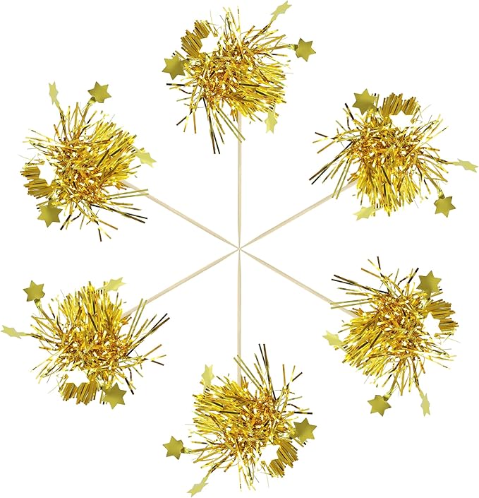 Gyufise 30Pcs Star Foil Firework Cupcake Toppers Sparkle Tinsel Cake Toppers Tinsel Drink Cake Decoration Cocktail Picks for Birthday Wedding Graduation Party Supplies Gold