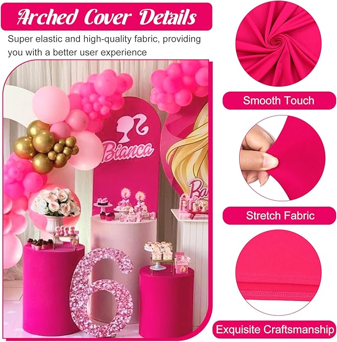 Metal Arch Stand and Cover Set,1 Fushia Spandex Fitted Backdrop with 1 Gold Wedding Arched Stand Frame for Parties Birthday Baby Shower Bridal Banquet Decoration (6FT)