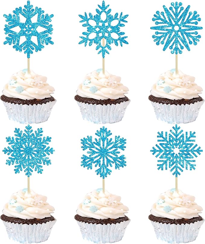 36Pcs Snowflake Cupcake Toppers Blue Glitter Snowflake Cake Toppers Frozen Cake Decorations for Baby Shower Winter Wonderland Christmas Party Cake Decoration Supplies
