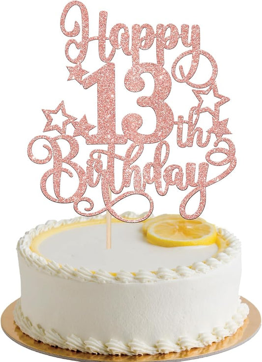 1 PCS Happy 13th Birthday Cake Topper Glitter Cheers to 13 Years Birthday Cake Pick Hello 13 Fabulous Cake Decoration for Happy 13th Birthday Anniversary Party Decorations Supplies Rose Gold