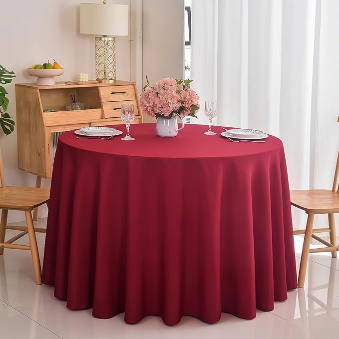 2-Pack Round 108-inch Burgundy Table Cloths, Solid Stain and Wrinkle Resistant Circular Tablecloth, Premium Plain Weave Polyester Fabric Table Linen Covers for Hotel, Banquet