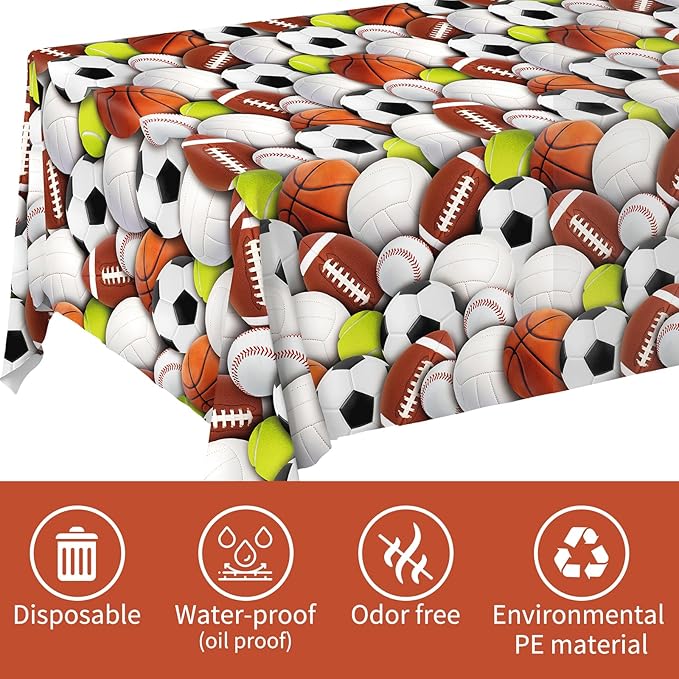Gatherfun Sports-Themed Party Pack: 2-Pack Boys Birthday Decorations, Disposable Plastic Tablecloth for Sports Birthday Party Decorations，54 x 108 Inches