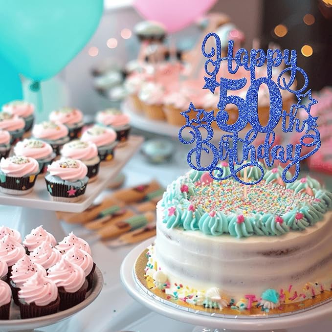 1 PCS Happy 50th Birthday Cake Topper Glitter Cheers to 50 Years Birthday Cake Pick Hello 50 Fabulous Cake Decoration for Happy 50th Birthday Anniversary Party Decorations Supplies Blue
