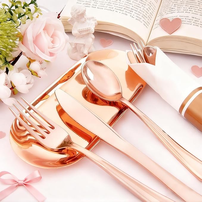Liacere 100Pack Rose Gold Plastic Silverware - Pre Rolled Napkins with Rose Gold Cutlery - Wrapped Silverware Set Disposable100 Forks Knives Spoons Wrapped Utensils for Wedding＆Valentine's Day