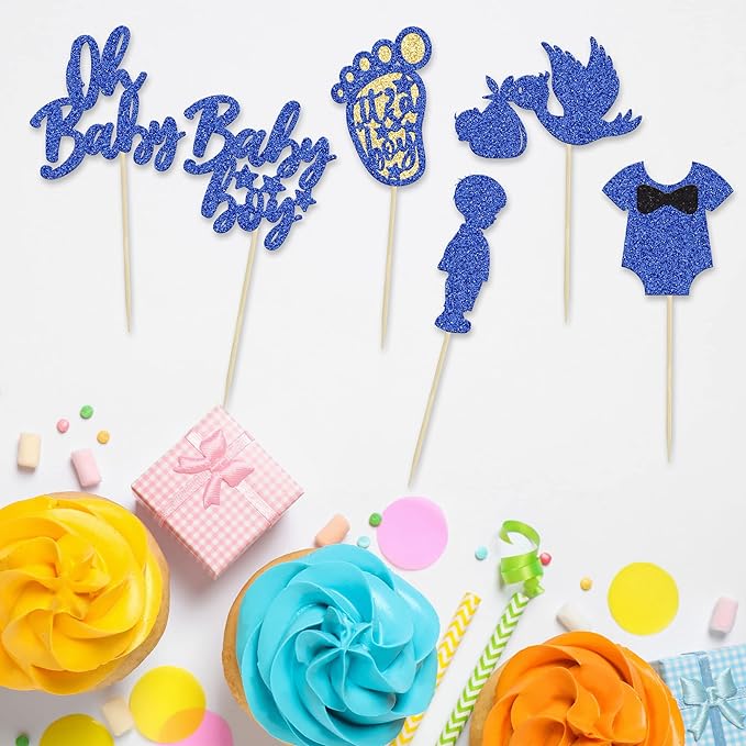 24Pcs Baby Shower Oh Baby Cupcake Toppers with Onesie Swan Baby Boy Footprint Deep Blue Glitter Cake Picks Decorations for Baby Shower Gender Reveal It's a Boy Birthday Party Supplies