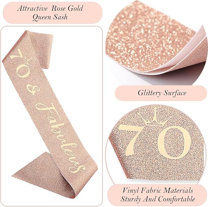 70th Birthday Gifts Decorations for Women, Including 70th Cake Toppers, Birthday Queen Sash with Pearl Pin, Sweet Rhinestone Tiara Crown, Number Candles and Balloons Set, Rose Gold