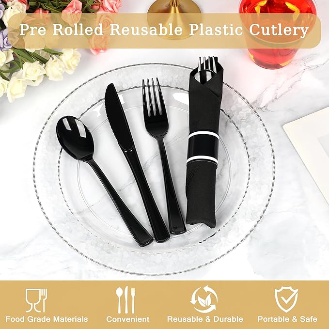 50 Pack Pre Rolled Black Plastic Silverware Set,Wrapped Plastic Cutlery Set with Napkin Include 50 Forks,50 Spoons,50 Knives and 50 Black Napkins for Party,Wedding