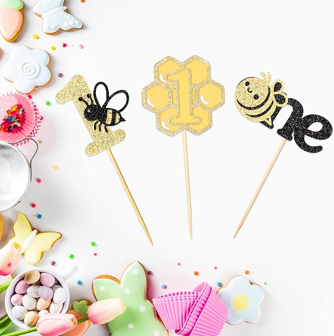 24Pcs Bumble Bee First Birthday Cupcake Toppers Gold Glitter Bee One Cupcake Picks First Birthday Cake Decorations for Baby Shower Kids 1st Birthday Party Supplies