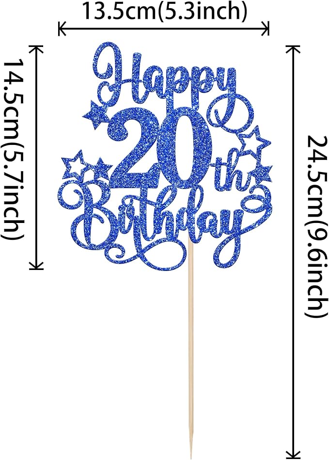 1 PCS Happy 20th Birthday Cake Topper Glitter Cheers to 20 Years Birthday Cake Pick Hello 20 Fabulous Cake Decoration for Happy 20th Birthday Anniversary Party Decorations Supplies Blue