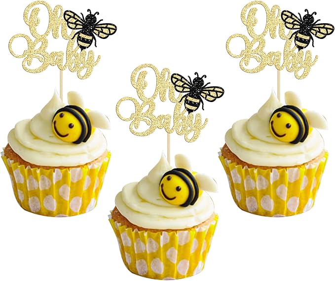 Ephlyn 24Pcs Bumble Bee Cake Toppers, Gold Glitter Cupcake Picks for Birthday, Baby Shower, Kids Party Decorations