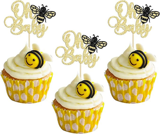 Ephlyn 24Pcs Bumble Bee Cake Toppers, Gold Glitter Cupcake Picks for Birthday, Baby Shower, Kids Party Decorations