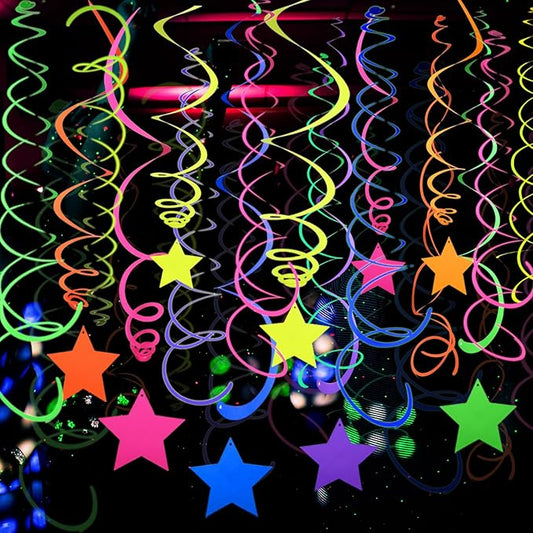56 Pieces UV Hanging Swirls Decorations Paper Neon Streamer for Ceiling Star Neon Garlands Black Light Neon Decorations for Dark Glow Party Supplies and Decorations Birthday Neon Party Favors