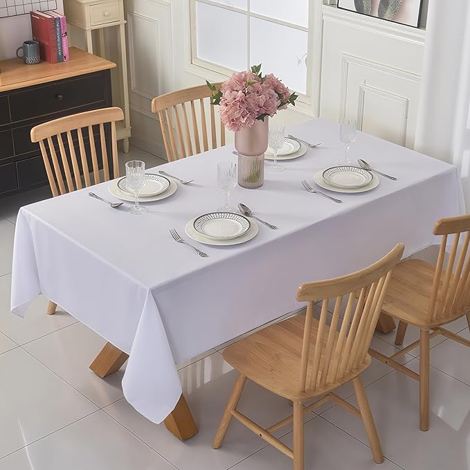 2-Pack 60x102 inch White Table Cloths, Solid Stain and Wrinkle Resistant Oblong Tablecloth, Premium Plain Weave Polyester Fabric Rectangle Table Linen Covers for Hotel, Wedding