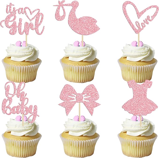 Gyufise 36 Pack Oh Baby Cupcake Toppers It's a Girl Cupcake Toppers with Bow Dress Love Heart Pink Glitter Cake Picks Decorations for Baby Shower Girl Birthday Party Supplies
