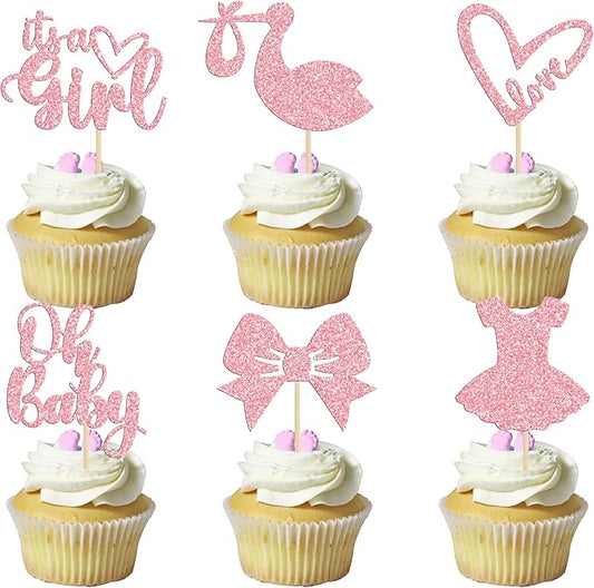 Gyufise 36 Pack Oh Baby Cupcake Toppers It's a Girl Cupcake Toppers with Bow Dress Love Heart Pink Glitter Cake Picks Decorations for Baby Shower Girl Birthday Party Supplies