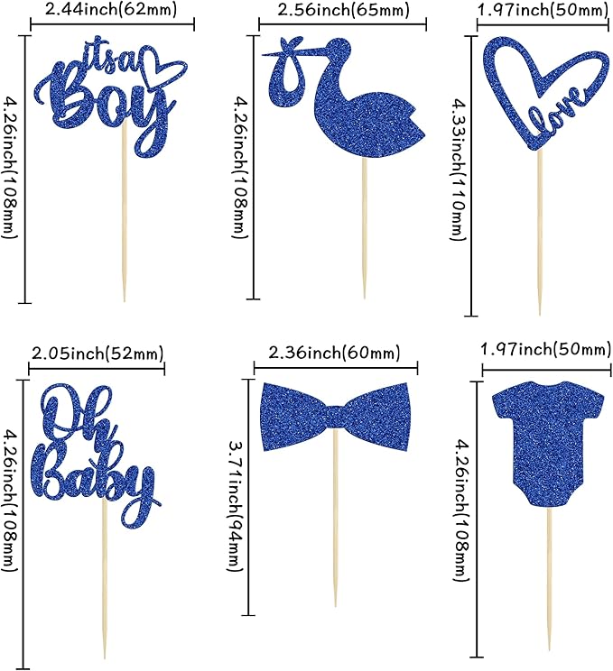 Gyufise 36 Pack Oh Baby Cupcake Toppers It's a Boy Cupcake Toppers with Tie Onesie Love Heart Deep Blue Glitter Babyshower Cake Picks Decorations for Baby Shower Boy Birthday Party Supplies