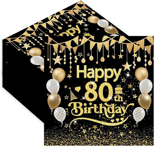 50pcs 80th Birthday Paper Napkins - 13 x 13 Inches Black and Gold Luncheon Napkins Cocktail Napkins Disposable Party Napkins Paper Beverage Napkins for Birthday Wedding Anniversary Decorations