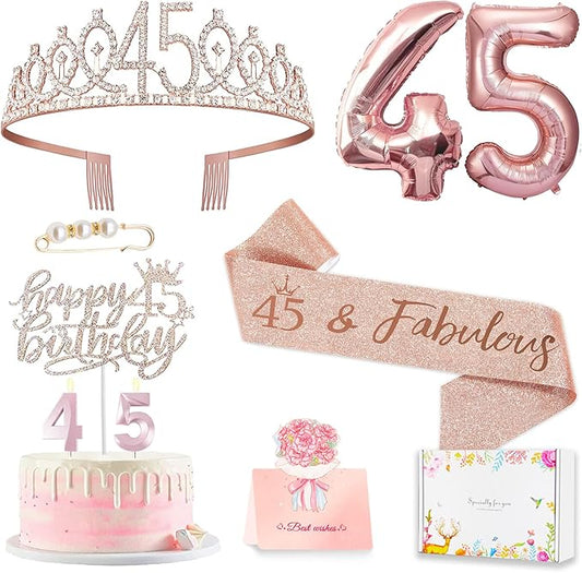 45th Birthday Gifts Decorations for Women, Including 45 year old Cake Topper, Birthday Queen Sash with Pearl Pin, Sweet Rhinestone Tiara Crown, Number Candles and Balloons Set, Rose Gold