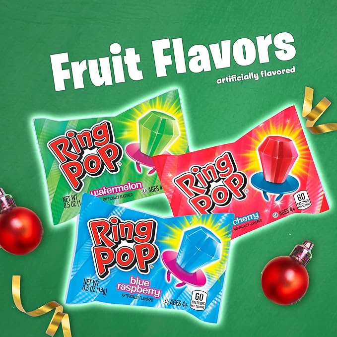 Ring Pop Candy, Christmas Lollipops, 50 Ct Party Favors in Assorted Fruity Flavors - Full Size, Bulk Variety Pack, Individually Wrapped Hard Candy For Stocking Stuffers, Holiday Candy Bowls, Gifts