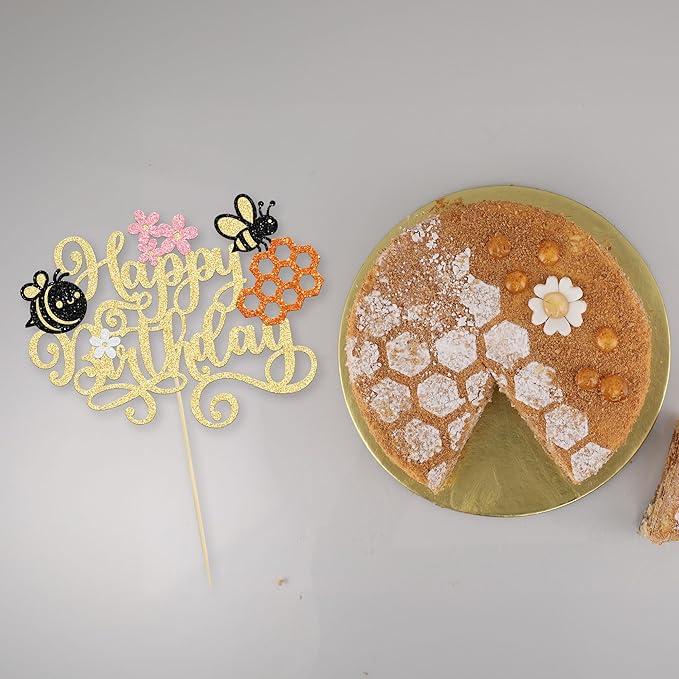 1 Pack Happy Bee Day Cake Topper Bumble Bee Happy Birthday Cake Decoration for Bee Theme Baby Shower Kids Boys Girls Birthday Party Cake Decorations Supplies Gold