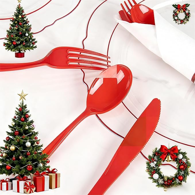 Liacere 400PCS Pre Rolled Red Silverware and Napkin - Disposable Red Plastic Utensils-Wrapped Plastic Cutlery Set with Napkin:100Forks,100Knives,100Spoons,100Napkins for Wedding＆Valentine＆Christmas