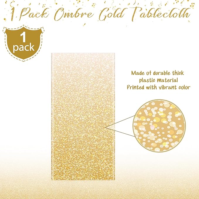 FunnyPars 1 Pack Ombre Gold Plastic Tablecloth for Parties, Gradient Yellow Gold Disposable Tablecloths for Rectangle Tables, Light Gold Table Cover for Wedding Birthday Anniversary Party, 54x108Inch