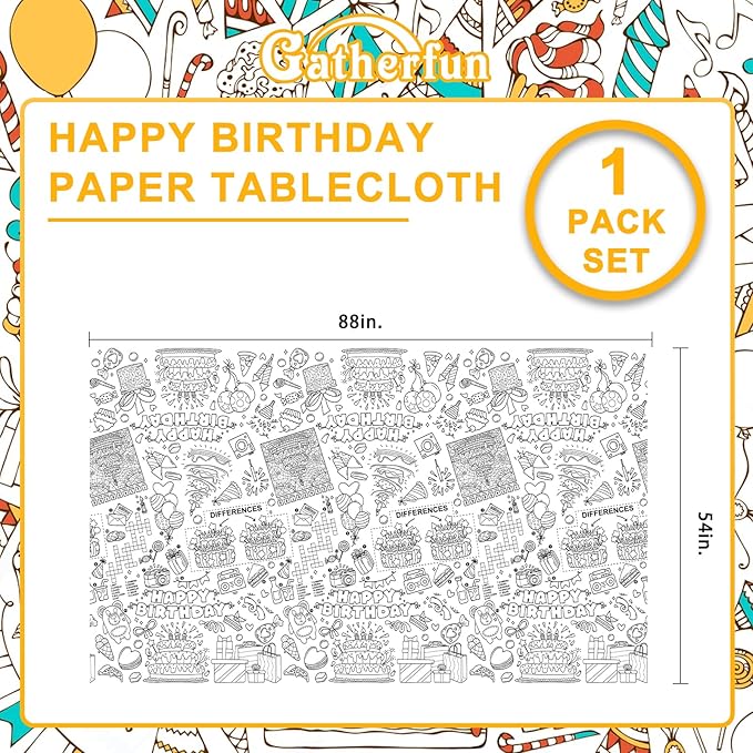 Gatherfun Happy Birthday Party Supplies Color-in Disposable Paper Tablecloth | 54x88 in Happy Birthday Party Decorations Set for Kids Birthday, School & Special Events