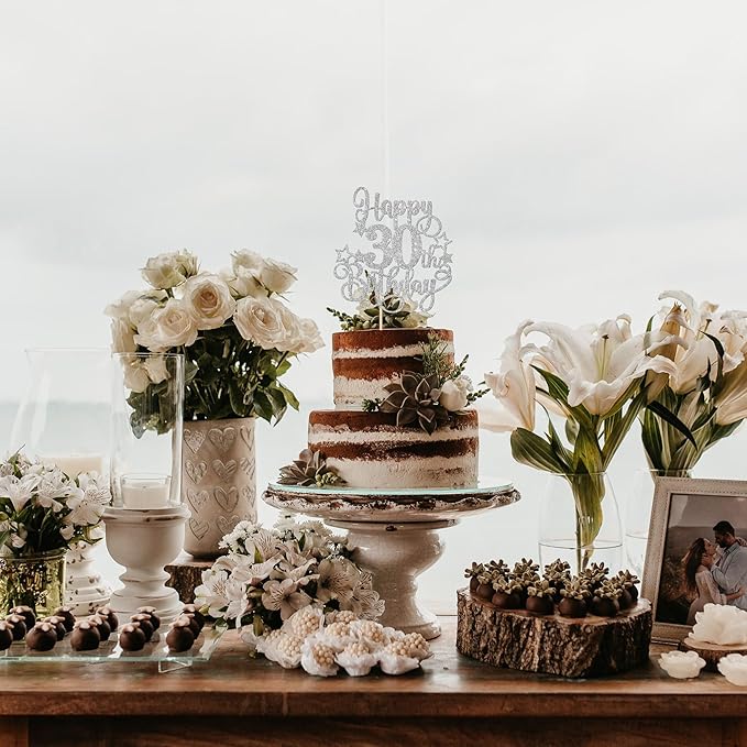 1 PCS Happy 30th Birthday Cake Topper Glitter Cheers to 30 Years Birthday Cake Pick Hello 30 Fabulous Cake Decoration for Happy 30th Birthday Anniversary Party Decorations Supplies Silver