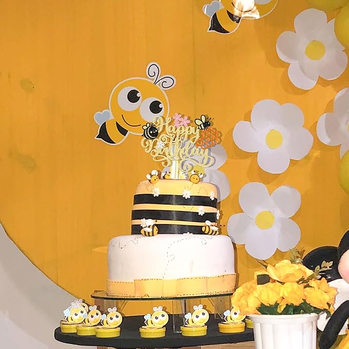 1 Pack Happy Bee Day Cake Topper Bumble Bee Happy Birthday Cake Decoration for Bee Theme Baby Shower Kids Boys Girls Birthday Party Cake Decorations Supplies Gold