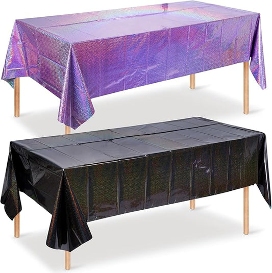 2 Pack Iridescent Black and Purple Plastic Tablecloth 54x108 Inch, Holographic Laser Disposable Table Cover, Rectangle Black and Purple Table Cloth for Halloween Holiday Birthday Party Decorations