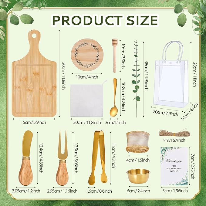 80Pcs Baby Shower Prizes for Game Winners 6 Sets Cheese Board Honey Dipper Stainless Steel Charcuterie Utensils Set Towel Thank You Card and Gift Bags for Baby Shower Wedding Bridal Shower Favors