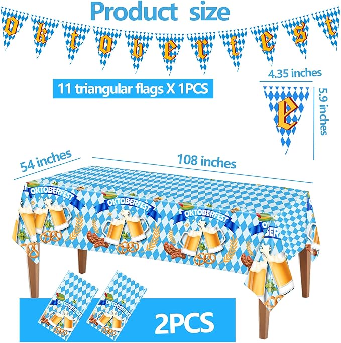 Oktoberfest Plastic Tablecloth,2Pcs Blue White Checkered Table Cover and Banner Flags for Bavarian Beer Festival Oktoberfest Party Decorations (54x108 Inch)