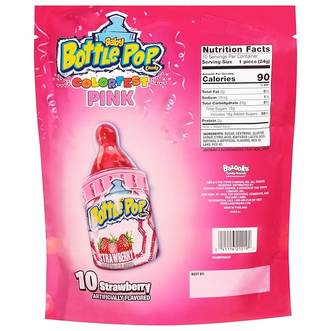 Baby Bottle Pop Candy Pink Lollipops, 10 Ct Bulk Lollipops with Dipping Powder in Pink Strawberry Flavor, Full Size, Individually Wrapped Christmas Candy for Party Favors, Gender Reveal, Baby Showers