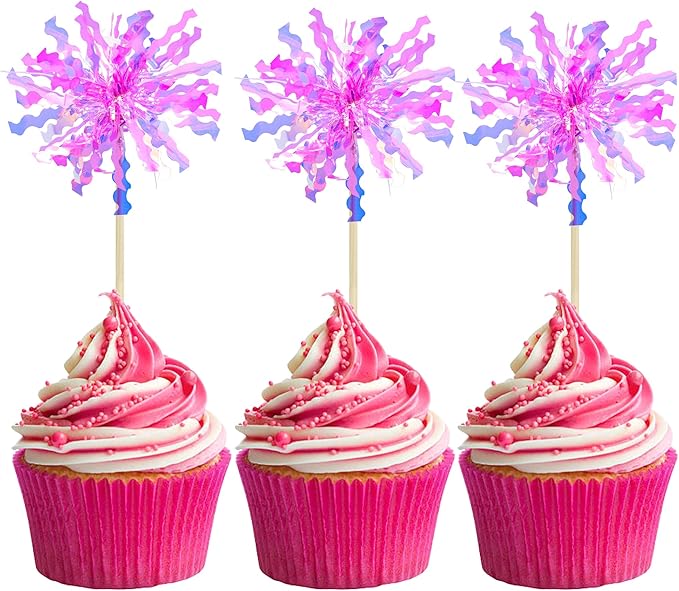 Gyufise 20Pcs Foil Firework Cupcake Toppers Happy Birthday Cake Toppers Sparkle Tinsel Flower Drink Stirrers Cocktail Food Fruit Toothpicks for Valentine's Day Party Supplies Rose Red