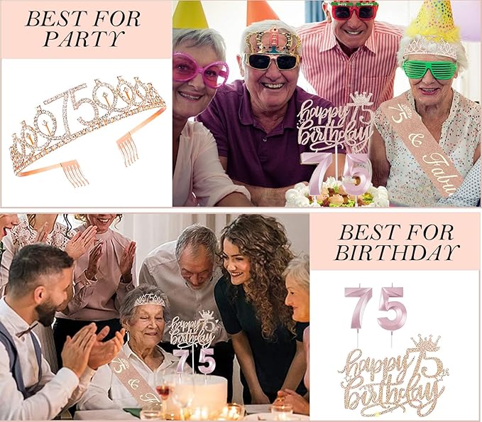 75th Birthday Gifts Decorations for Women, Including 75 year old Cake Topper, Birthday Queen Sash with Pearl Pin, Sweet Rhinestone Tiara Crown, Number Candles and Balloons Set, Rose Gold