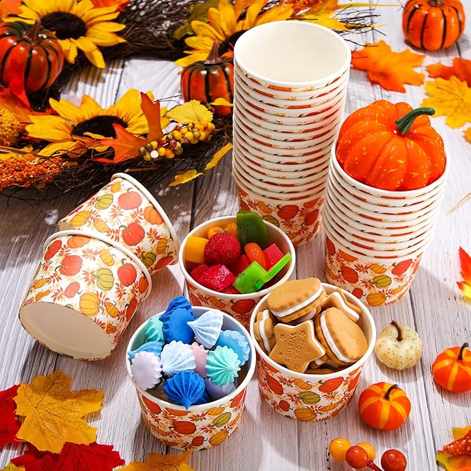 50 Pack 9 oz Fall Soup Bowls Disposable Paper Cups Fall Themed Disposable Dessert Bowls Pumpkin Paper Snack Cups for Hot or Cold Food Thanksgiving Day Party Supplies