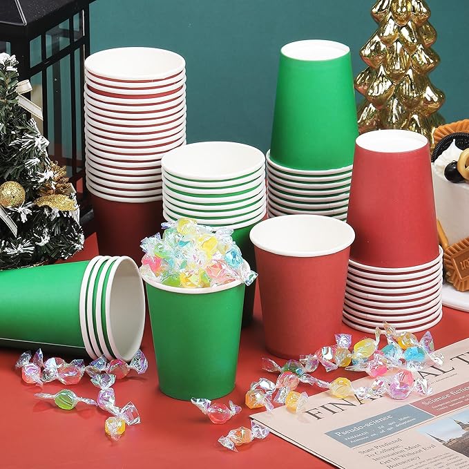 URATOT 60 Pieces 9 Ounce Disposable Paper Cups Christmas Party Cups Red Green Drinking Cups for Party, DIY, and Holiday, 2 Colors