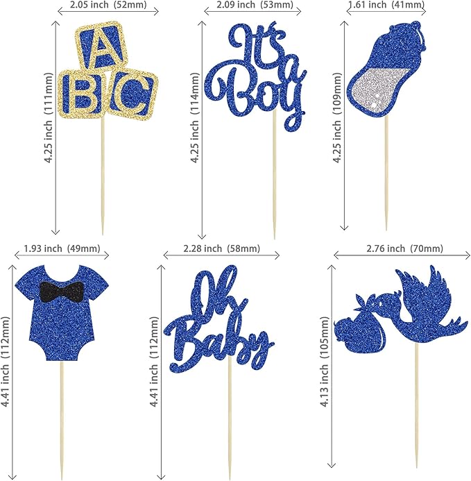 24Pcs Baby Shower Oh Baby Cupcake Toppers with Bow Onesie Bottle Boy Deep Blue Glitter Cake Picks Decorations for Baby Shower Gender Reveal It's a Boy Birthday Party Supplies