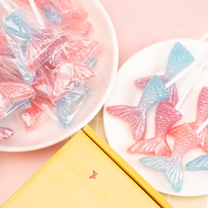 Mermaid Tail Lollipops 24pk, Individually Wrapped Mixed Fruit Flavor Colorful Gradient Candy Bulk, Ideal for Mermaid Themed Parties, Birthdays, Party Favors & Supplies