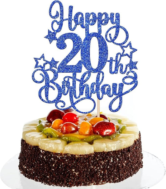 1 PCS Happy 20th Birthday Cake Topper Glitter Cheers to 20 Years Birthday Cake Pick Hello 20 Fabulous Cake Decoration for Happy 20th Birthday Anniversary Party Decorations Supplies Blue