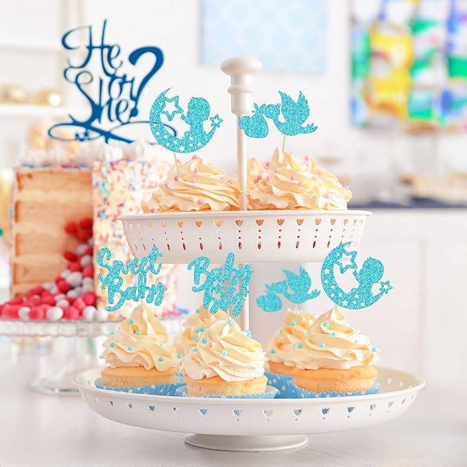 24Pcs Sweet Baby Boy Cupcake Toppers Blue Glitter Moon Star Baby Shower Cupcake Picks Decorations for Gender Reveal Baby Shower Kids Boys Birthday Party Supplies