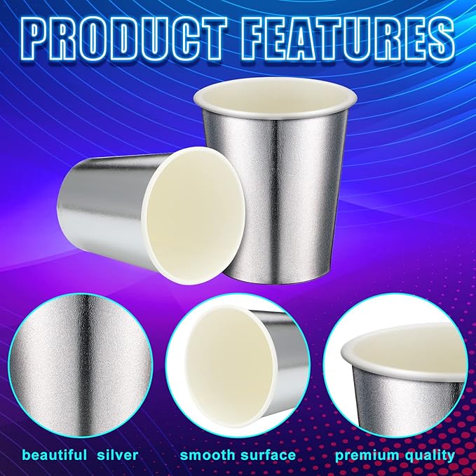 Amyhill 100 Pcs Disposable Silver Drinking Party Paper Cups 9 oz Iridescent Disco Lasering Cups for Hot Cold Drink Tea Coffee Cocktail for Home, Restaurant, Store and Cafe Party Supplies