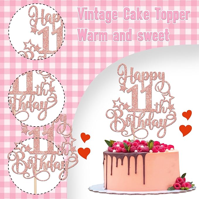 1 PCS Happy 11th Birthday Cake Topper Glitter Cheers to 11 Years Birthday Cake Pick Hello 11 Fabulous Cake Decoration for Happy 11th Birthday Anniversary Party Decorations Supplies Rose Gold