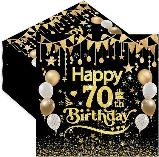 50pcs 70th Birthday Paper Napkins - 13 x 13 Inches Black and Gold Luncheon Napkins Cocktail Napkins Disposable Party Napkins Paper Beverage Napkins for Birthday Wedding Anniversary Decorations