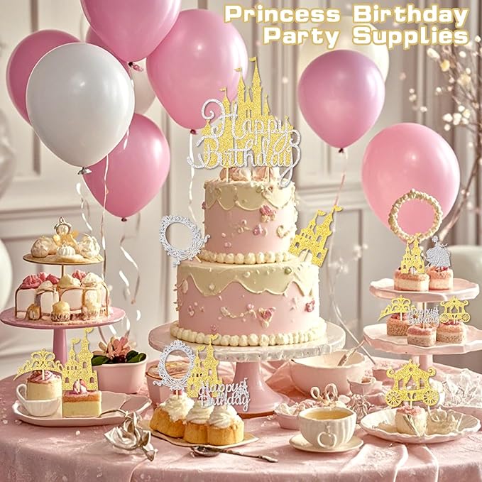 26pcs Gold Castle Cake Toppers Glitter Princess Prom Crown Cupcake Toppers for Princess Birthday Party Decorations Baby Shower Cake Decorations Supplies