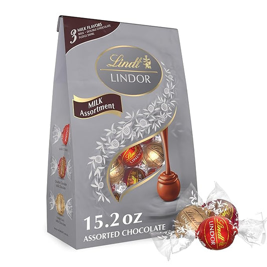 Lindt LINDOR Milk Assorted Chocolate Candy Truffles, Chocolate Candy with Smooth, Melting Truffle Center, 15.2 oz. Bag