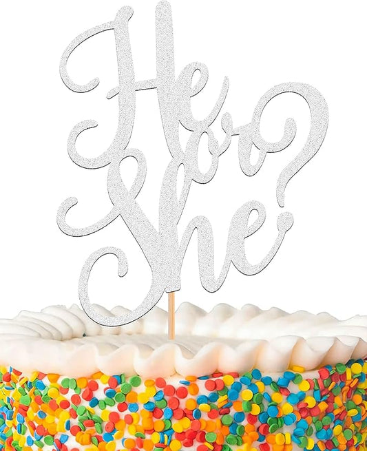 He or She Cake Topper - Glitter Silver Gender Reveal Cake Topper Decorations, Suitable for Baby Shower Favors, Baby Gender Reveal, Baby Birthday Party or Baby Photo Booth Props (Silver)